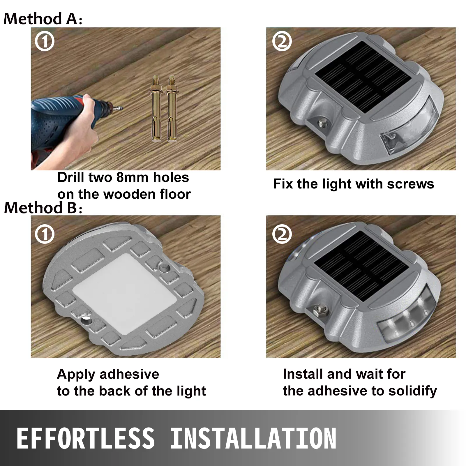 VEVOR solar deck lights installation guide; method a with screws, method b with adhesive. effortless setup.