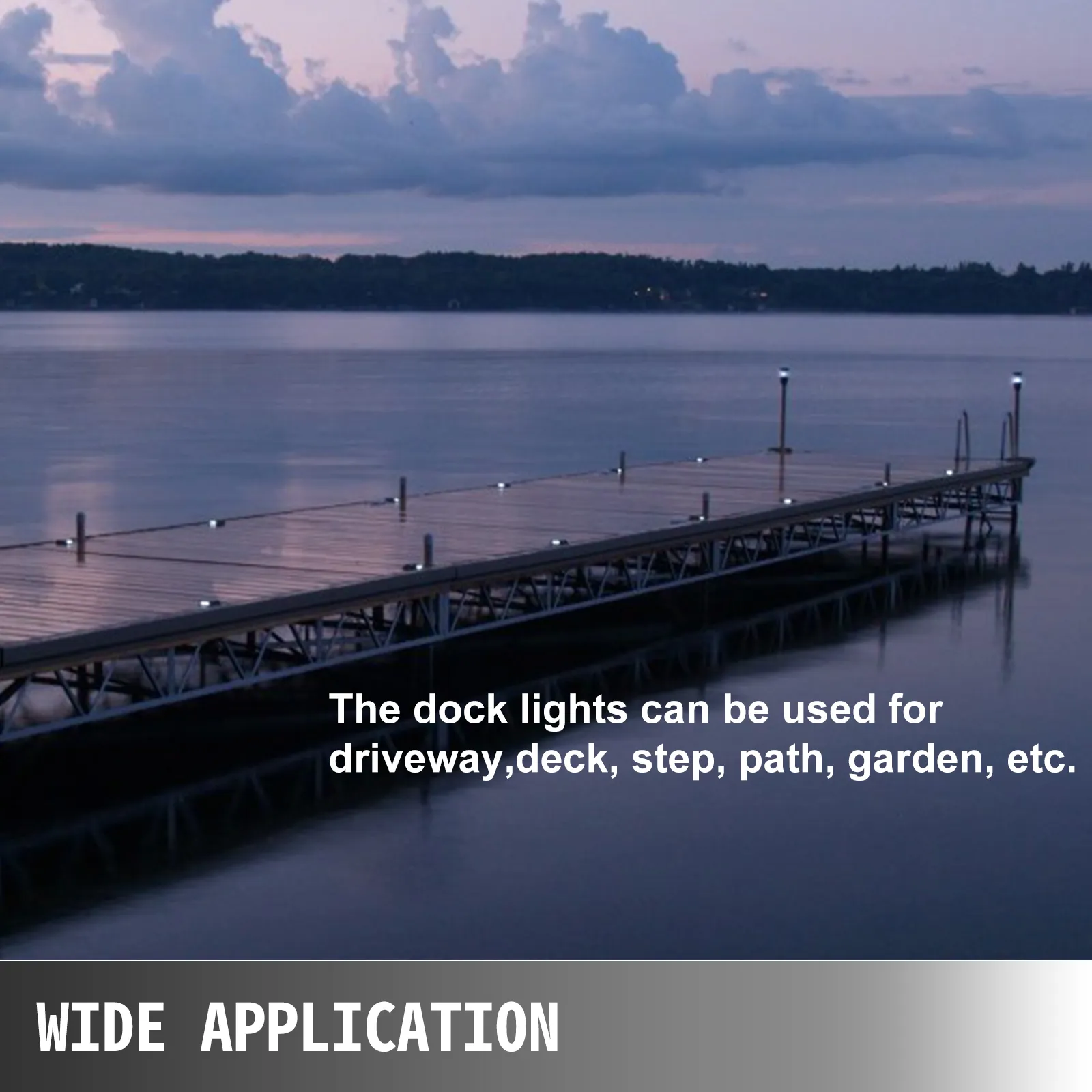 VEVOR solar deck lights illuminating a wooden dock over a calm lake during twilight.