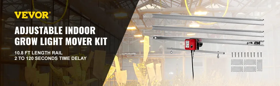 Kit de movimiento de luz de cultivo interior VEVOR con riel ajustable y sistema de retardo de tiempo.