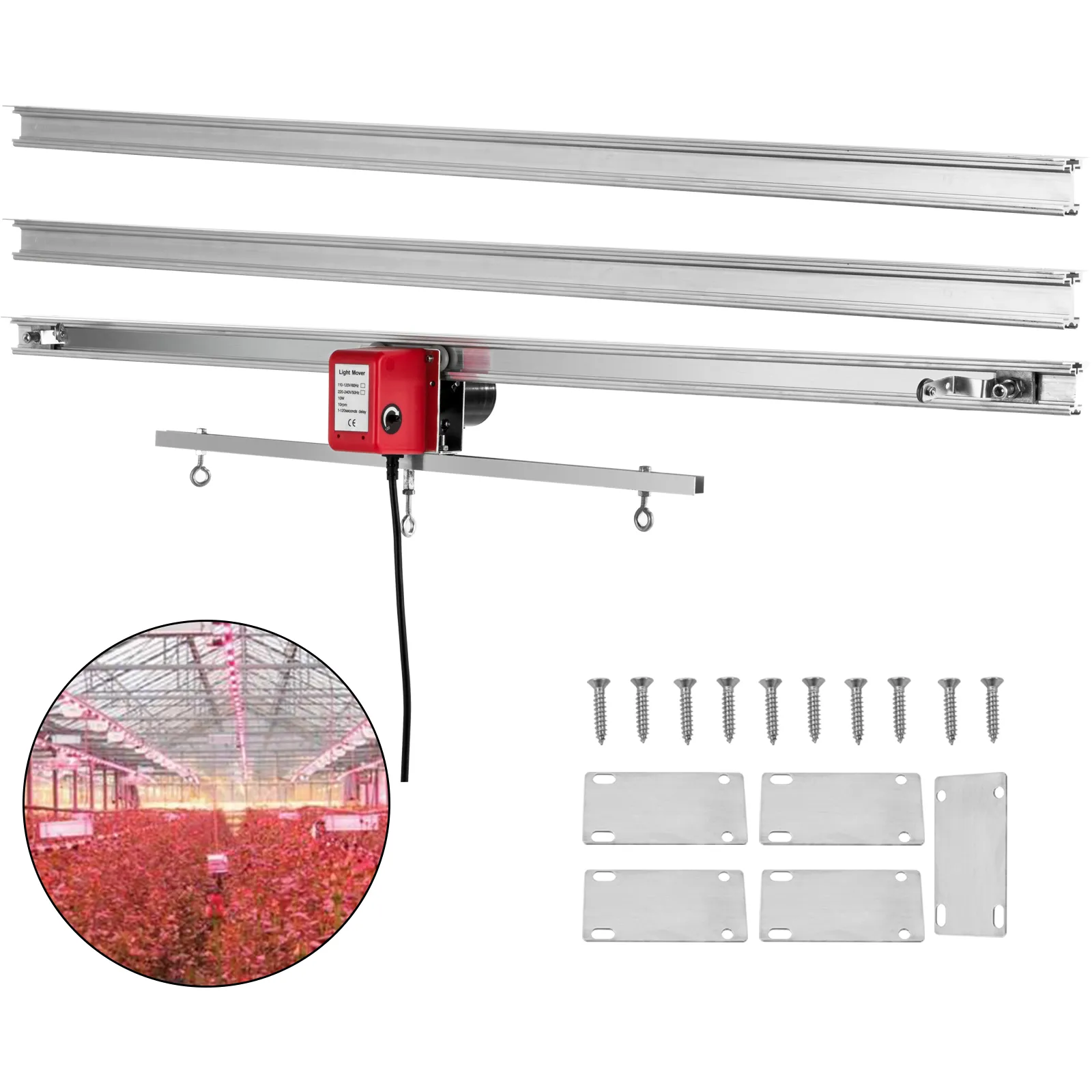 Kit de transporte de luz de cultivo interior VEVOR con hardware y configuración de iluminación de invernadero.