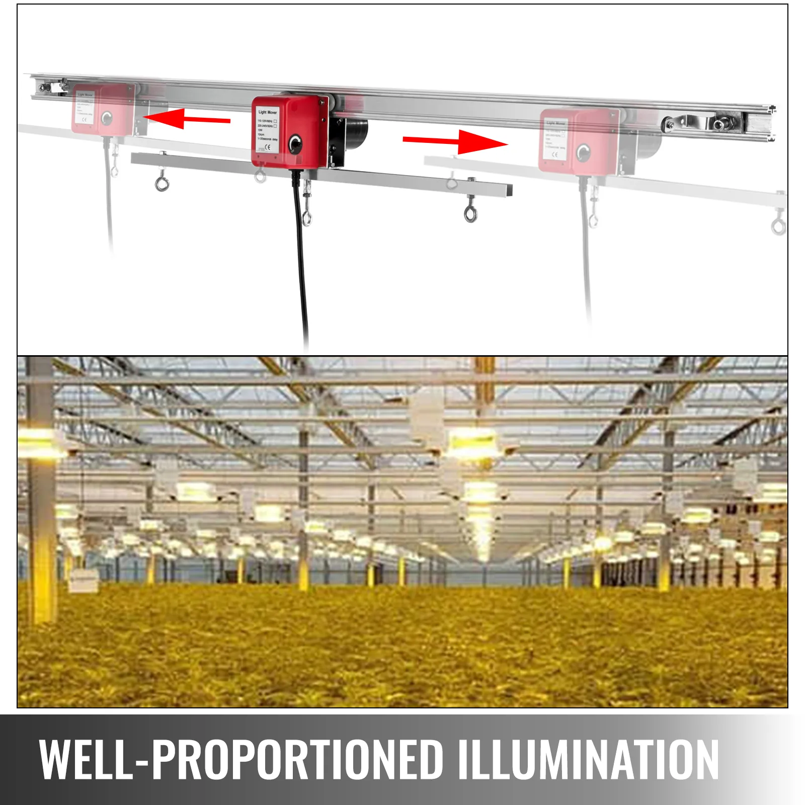 Kit de movimiento de luz de cultivo interior VEVOR que muestra un movimiento de luz roja ajustable con invernadero.