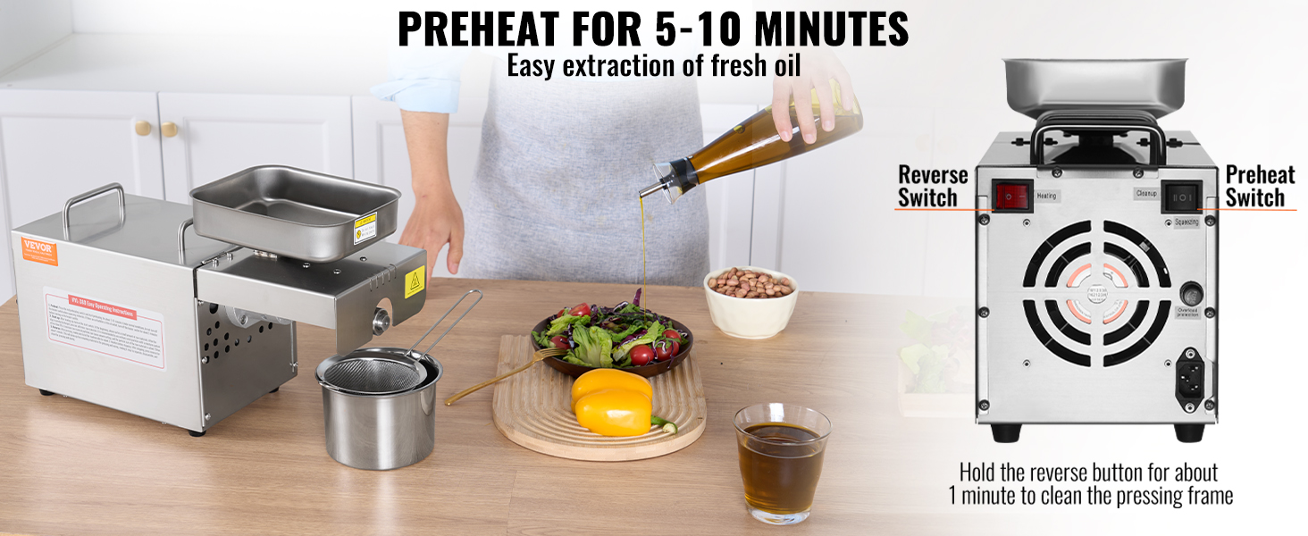 Presse à Huile Automatique Hynbdes En Inox 304 - Pour Olives, Cacahuètes, Sésame, Colza... 3-6 Kg/h - 9