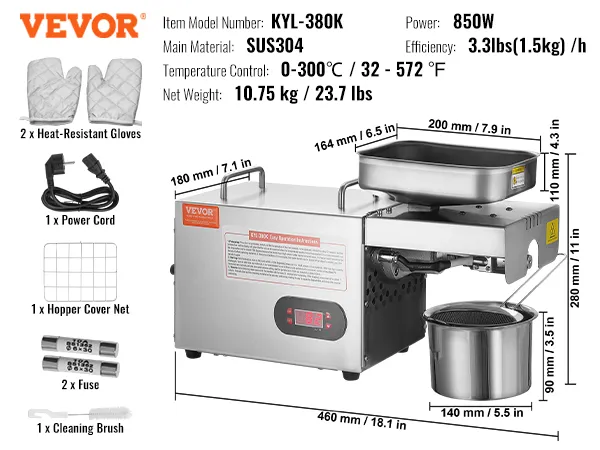 Prensa de aceite eléctrica VEVOR kyl-380k con potencia de 850 W, material sus304 y eficiencia de 3,3 lbs/hr.