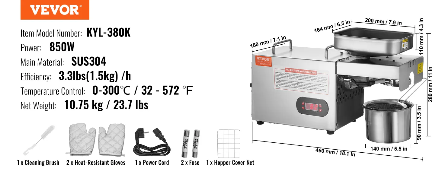 Prensa de aceite eléctrica VEVOR kyl-380k con potencia de 850 W, material sus304 y eficiencia de 3,3 lbs/hr.
