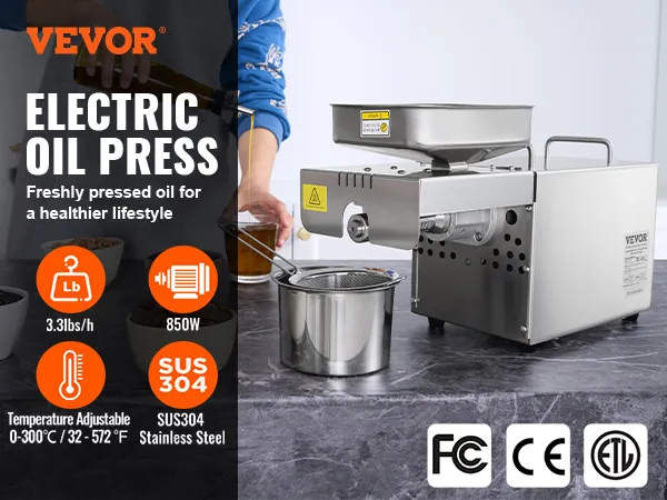 Prensa de aceite eléctrica VEVOR con acero inoxidable sus304, 850w, temperatura ajustable, 3,3 lbs/h.