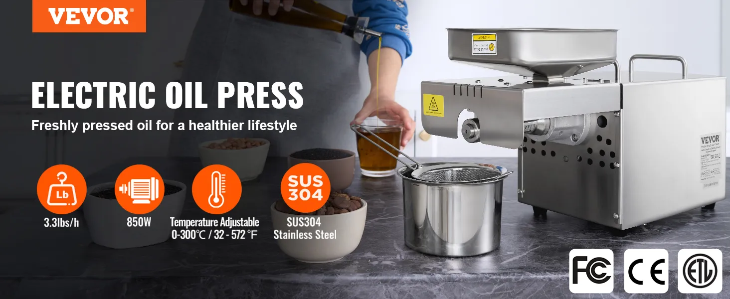 Prensa de aceite eléctrica VEVOR con acero inoxidable sus304, 850w, temperatura ajustable, 3,3 lbs/h.