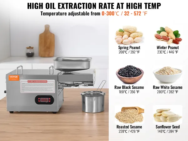 Máquina de prensado de aceite eléctrica VEVOR con alta temperatura ajustable, que muestra varias semillas y botellas de aceite.
