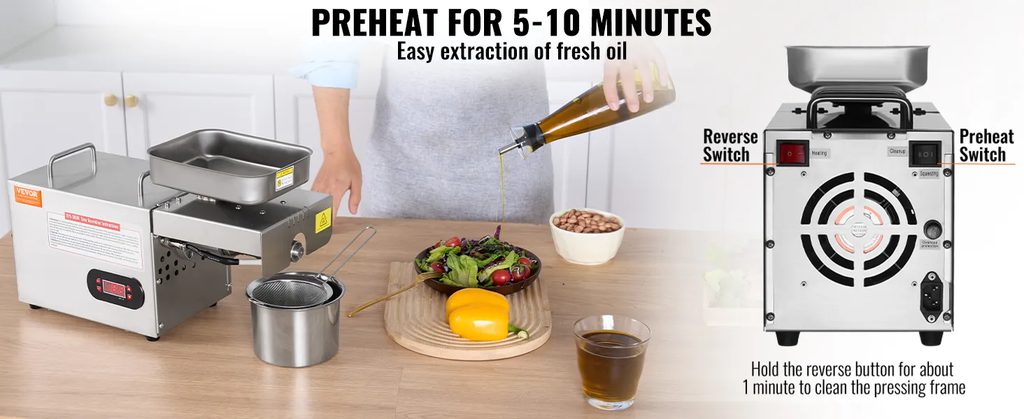 Prensa de aceite eléctrica VEVOR para una fácil extracción de aceite fresco; instrucciones de precalentamiento incluidas.