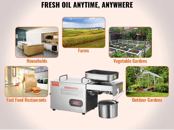 Aceite fresco para comidas rápidas, hogares, granjas, huertos y jardines al aire libre con la prensa de aceite eléctrica VEVOR.