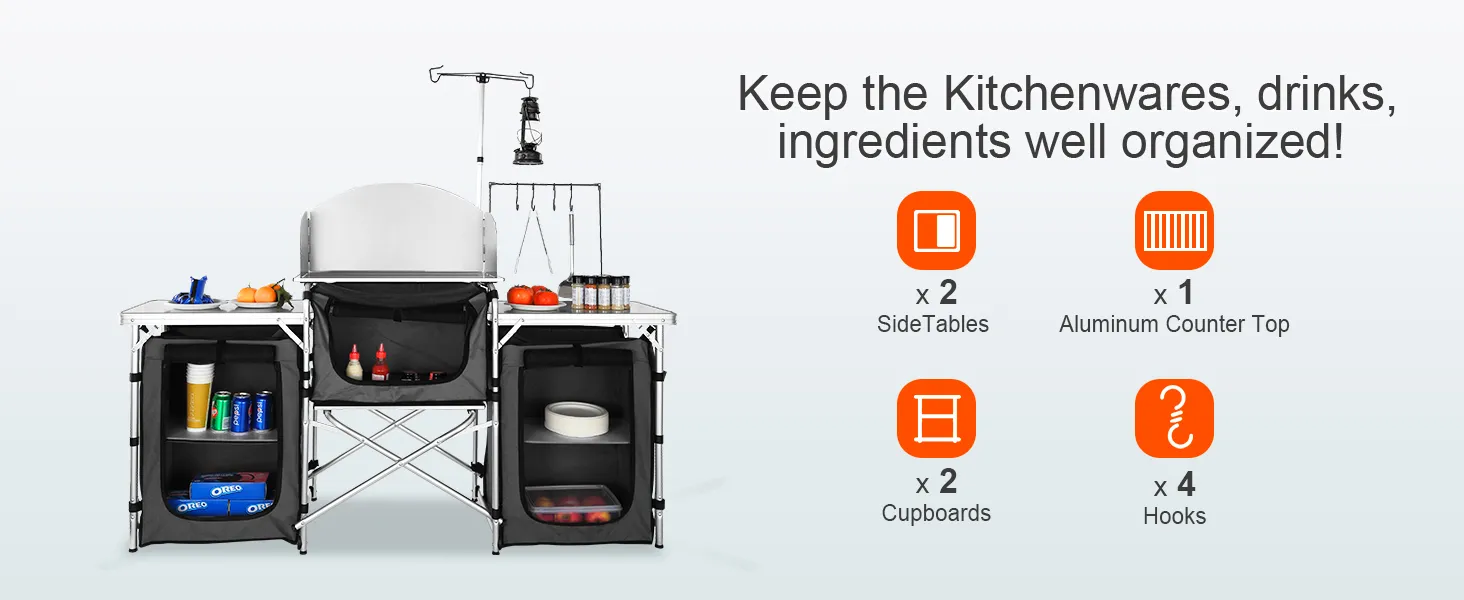 VEVOR camping kitchen table showcasing 2 side tables, aluminum counter, 2 cupboards, and 4 hooks.