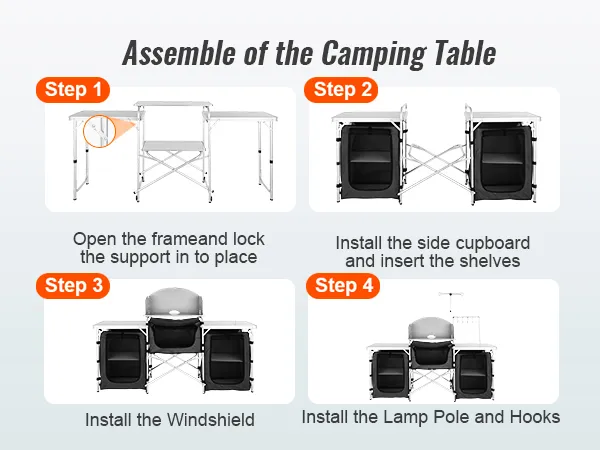 assemble the VEVOR camping kitchen table in four steps: open frame, add cupboard, attach windshield, install hooks.