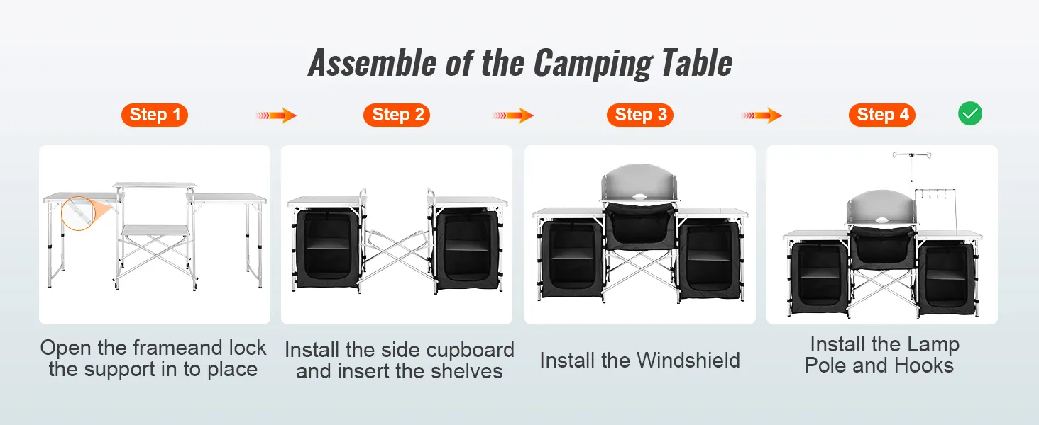 assemble the VEVOR camping kitchen table in four steps: open frame, add cupboard, attach windshield, install hooks.