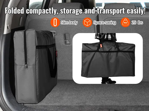 VEVOR camping kitchen table folded compactly for easy storage in car trunk, slim-body, space-saving, 29 lbs.