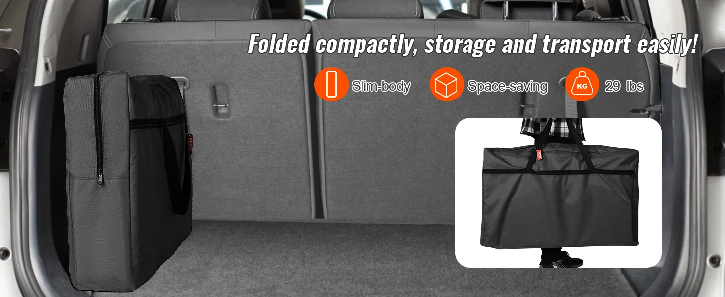 VEVOR camping kitchen table folded compactly for easy storage in car trunk, slim-body, space-saving, 29 lbs.