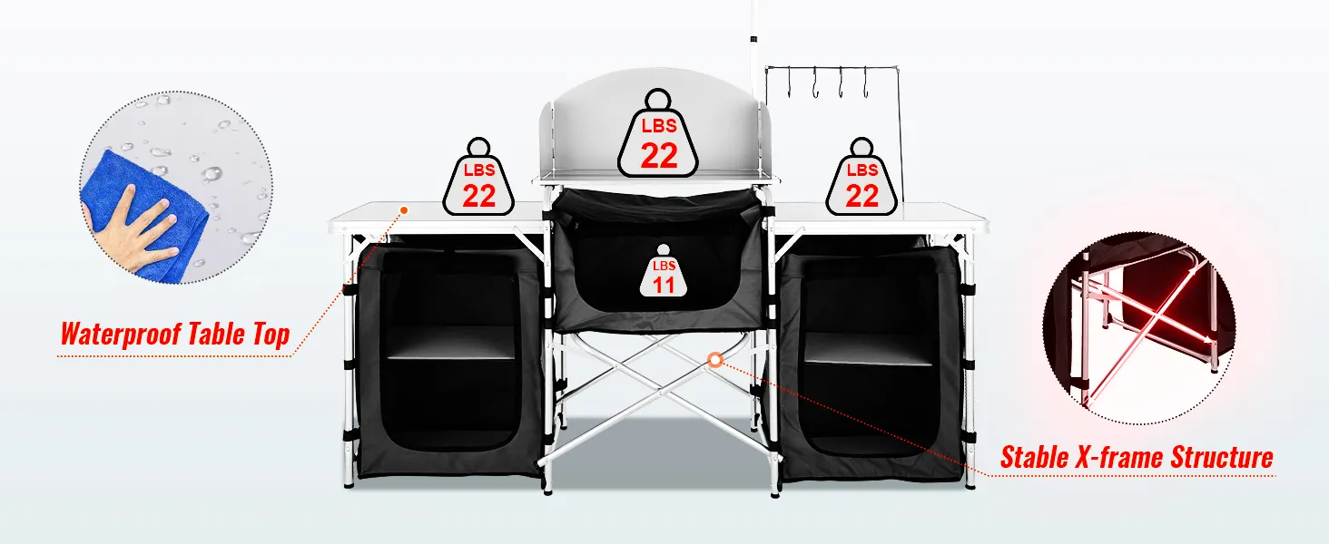 VEVOR camping kitchen table with waterproof tabletop, stable x-frame structure, and 22 lbs weight capacity.