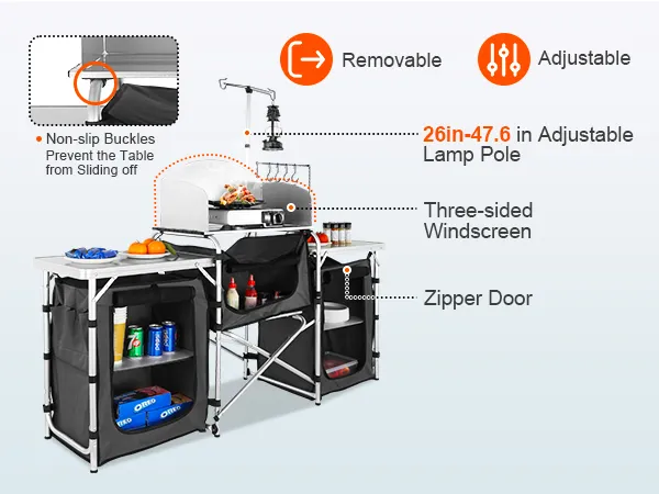 VEVOR camping kitchen table with storage shelves, adjustable lamp pole, and three-sided windscreen.
