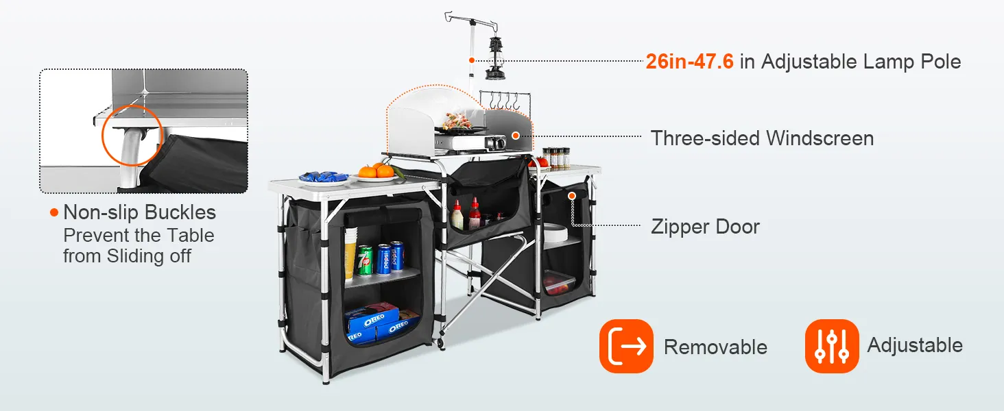 VEVOR camping kitchen table with storage shelves, adjustable lamp pole, and three-sided windscreen.