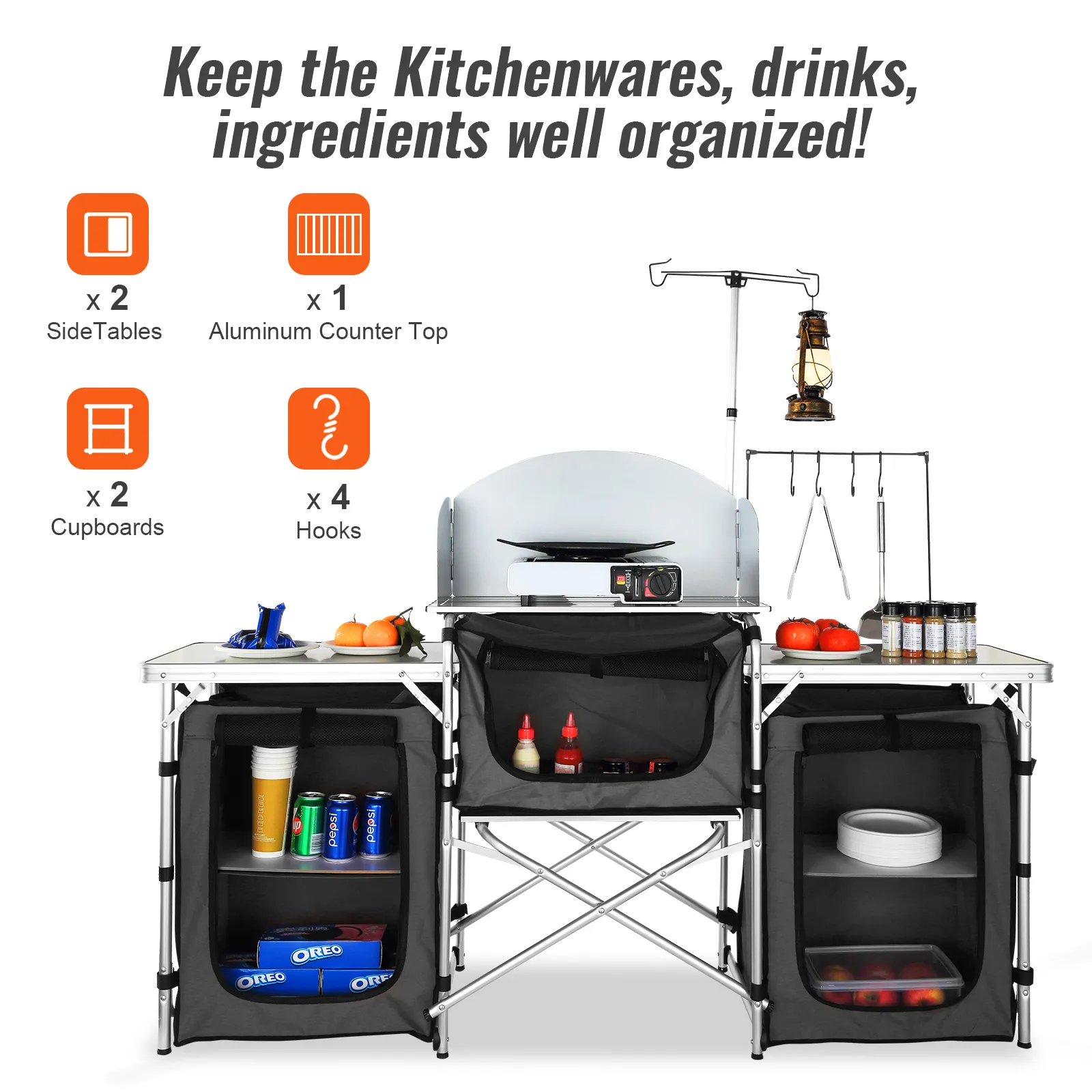 VEVOR camping kitchen table with 2 side tables, aluminum counter top, 2 cupboards, and 4 hooks.