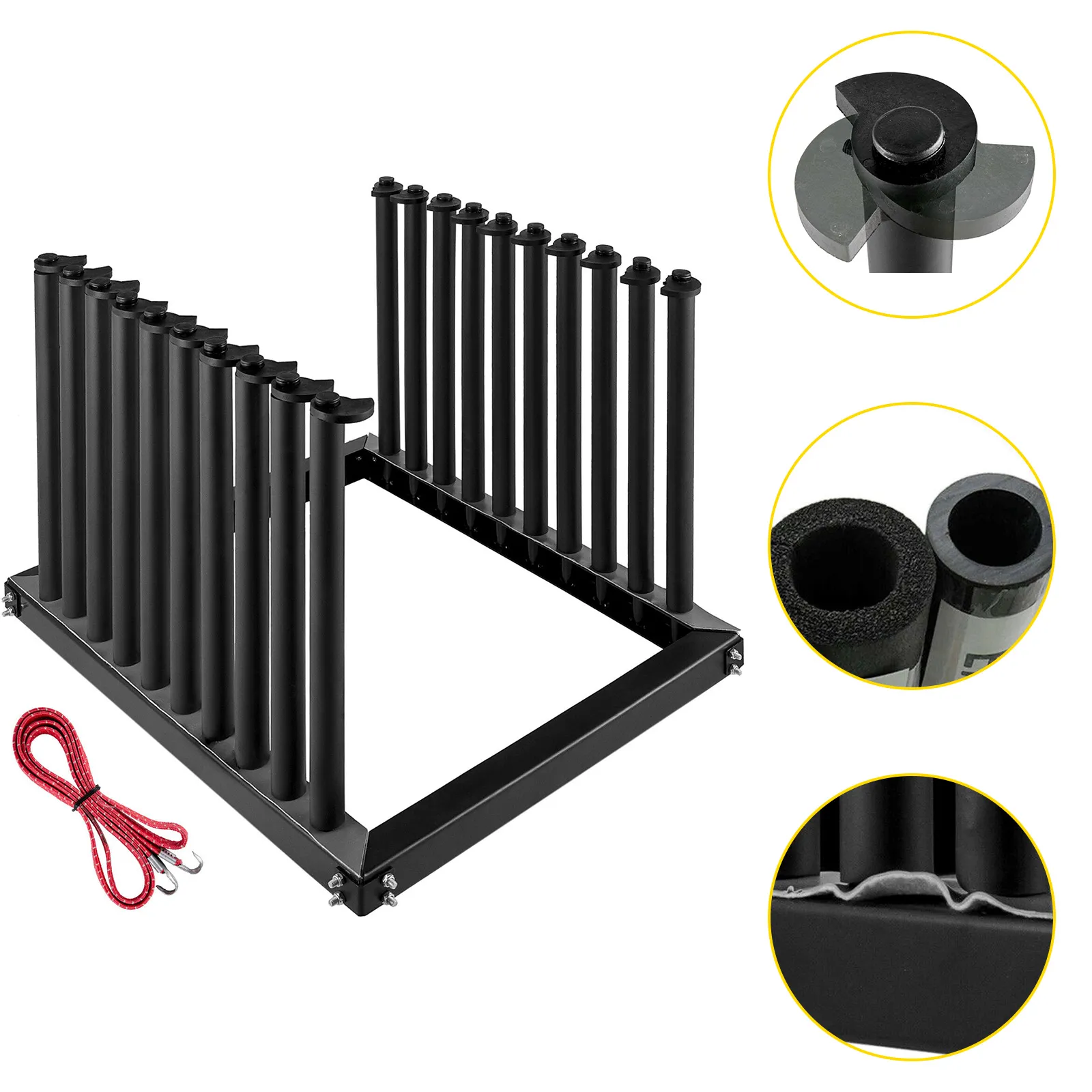 VEVOR windshield rack with black cylindrical supports, foam padding, and red bungee cord.