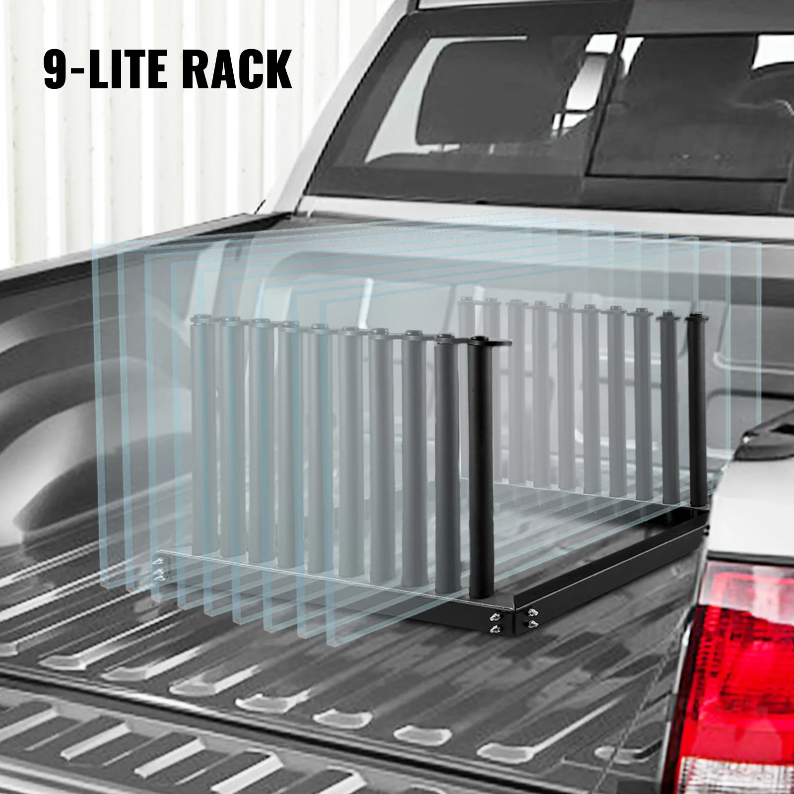 VEVOR windshield rack displayed in the bed of a pickup truck, labeled 9-lite rack.