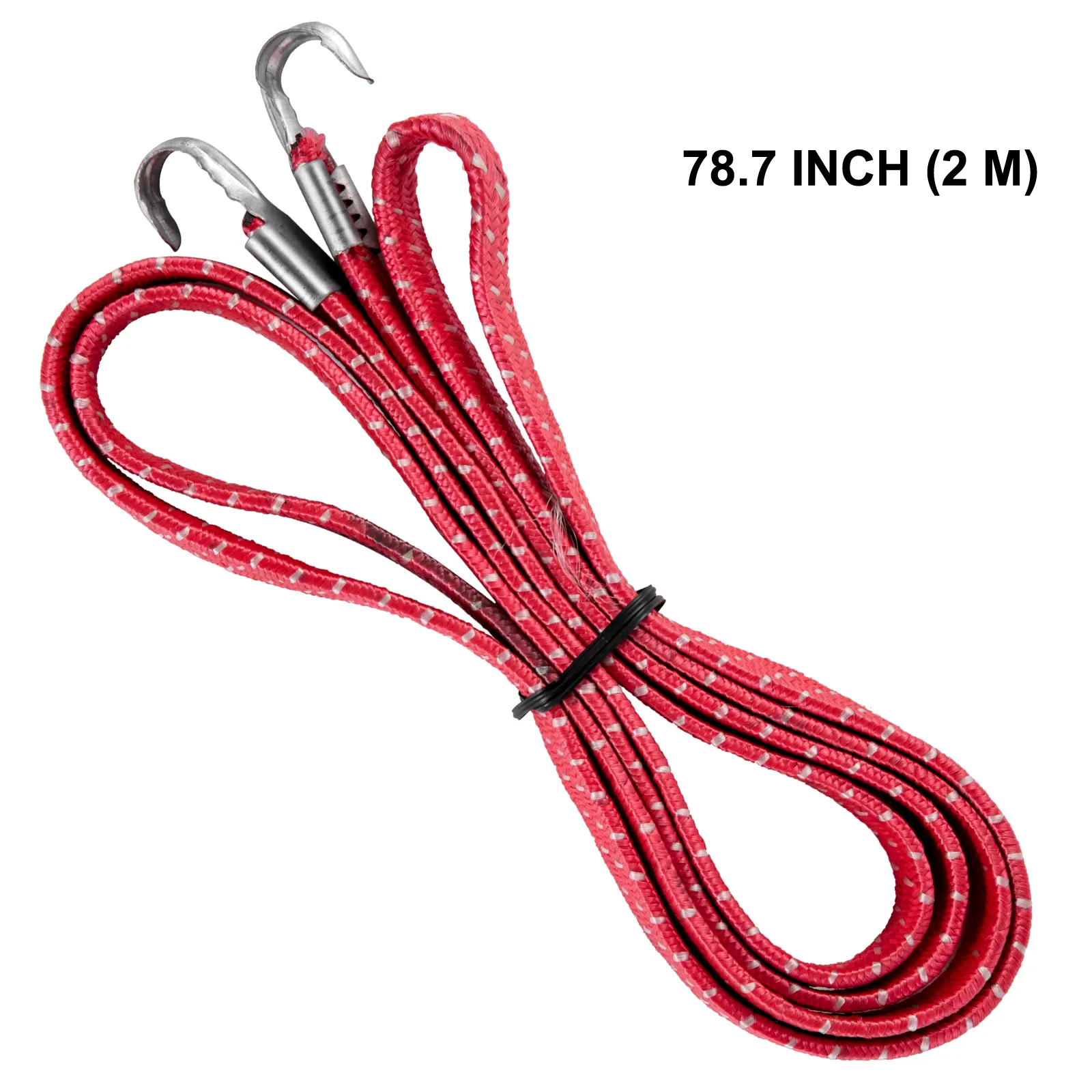 red elastic cord with metal hooks, 78.7 inches long (2 m). suitable for various uses.