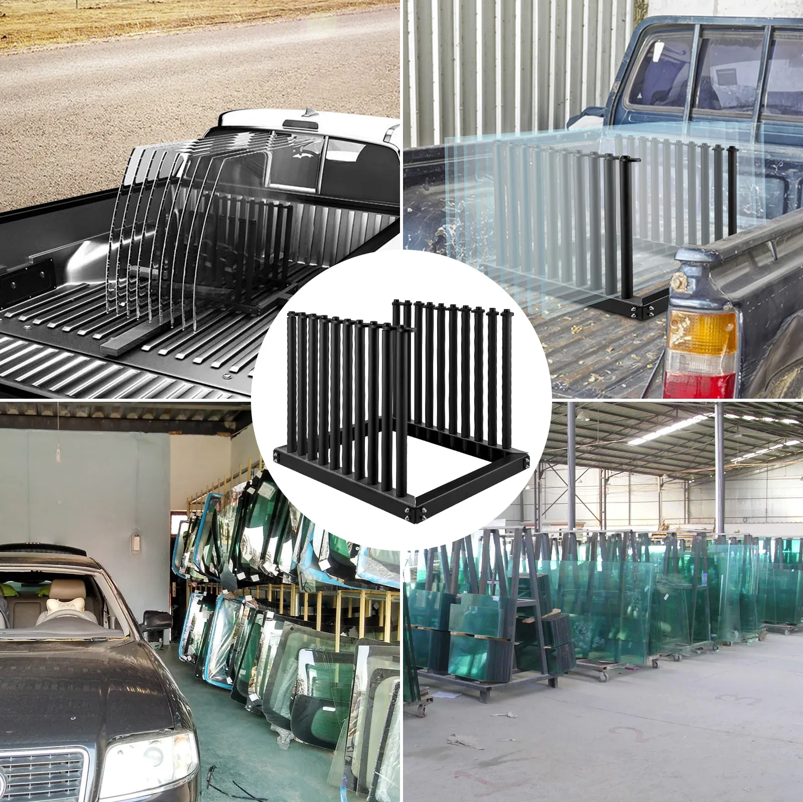 VEVOR windshield rack storing windshields in a truck bed and workshop settings.