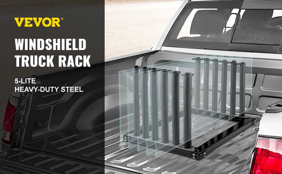 VEVOR windshield rack installed in a truck bed, featuring heavy-duty steel rods.