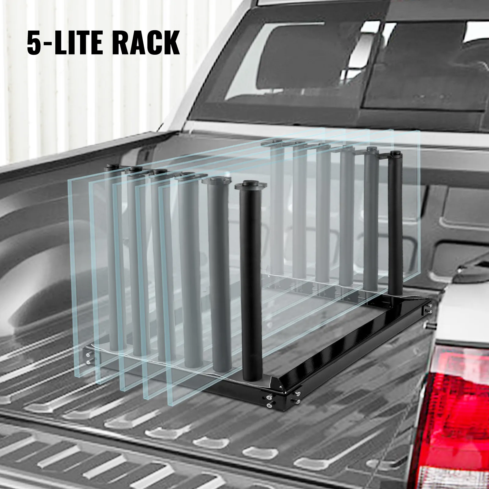 VEVOR windshield rack in truck bed displaying 5-tier glass holder with black poles.