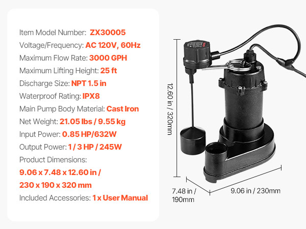 VEVOR Submersible Sewage Ejector Pump – 1/3 HP, 3000 GPH