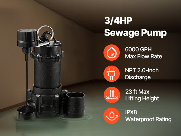 VEVOR Submersible Sewage Pump, 3/4 HP, 6000 GPH Cast Iron Sewage