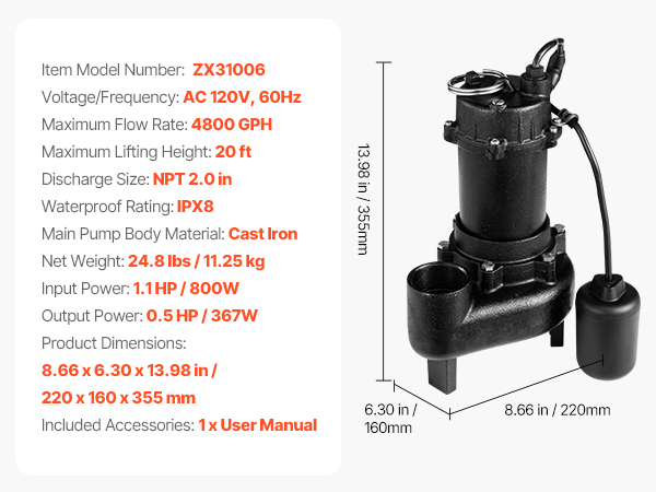 VEVOR Submersible Sewage Pump, 1/2 HP, 4800 GPH Cast Iron Sewage