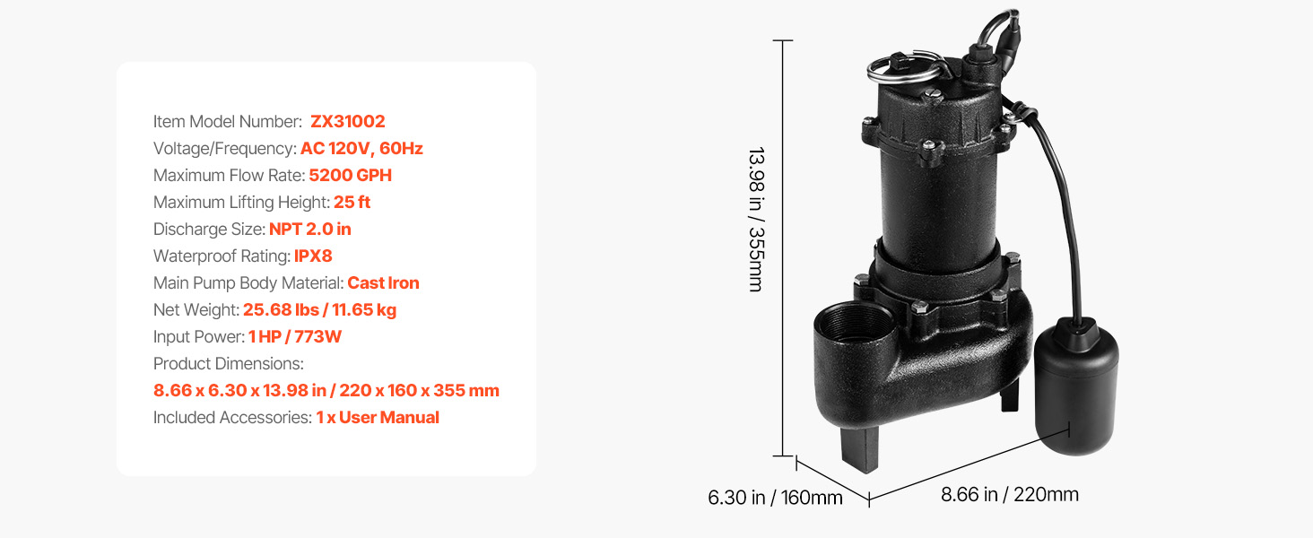 VEVOR Submersible Sewage Pump, 1 HP, 5200 GPH Cast Iron Sewage