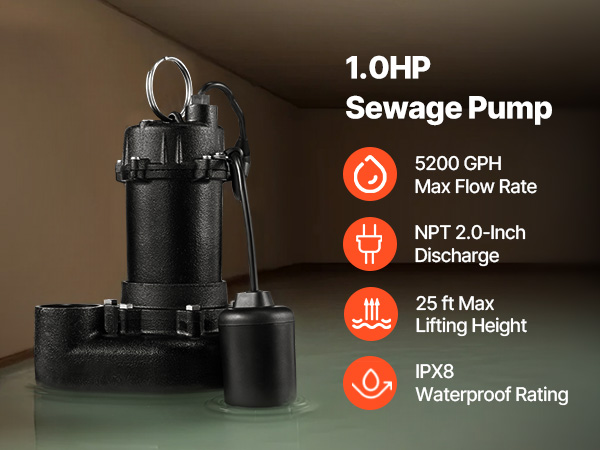 VEVOR Submersible Sewage Pump, 1 HP, 5200 GPH Cast Iron Sewage