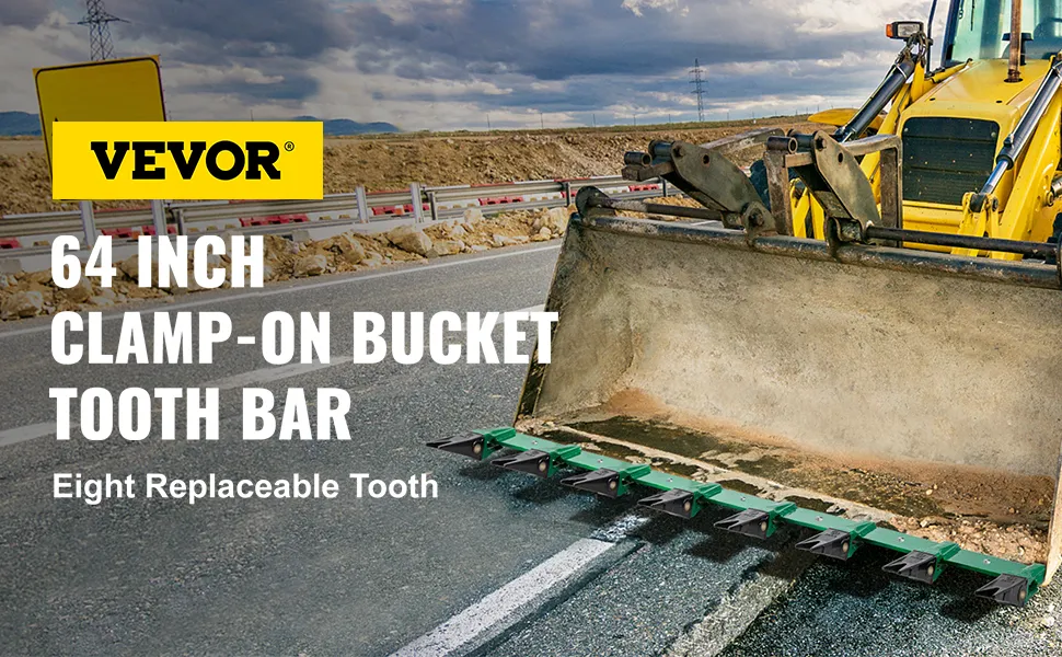 VEVOR bucket tooth bar on a yellow backhoe loader with eight replaceable teeth.