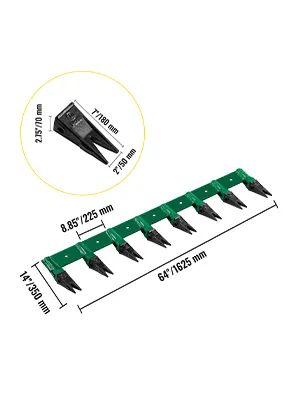 VEVOR bucket tooth bar with dimensions and close-up of a single tooth.
