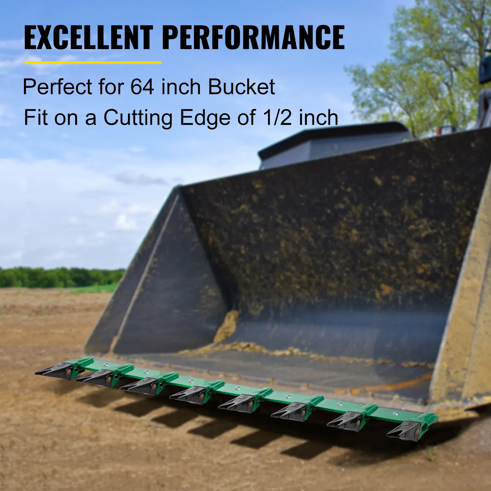 VEVOR bucket tooth bar attached to a large 64-inch bucket on a dirt field.