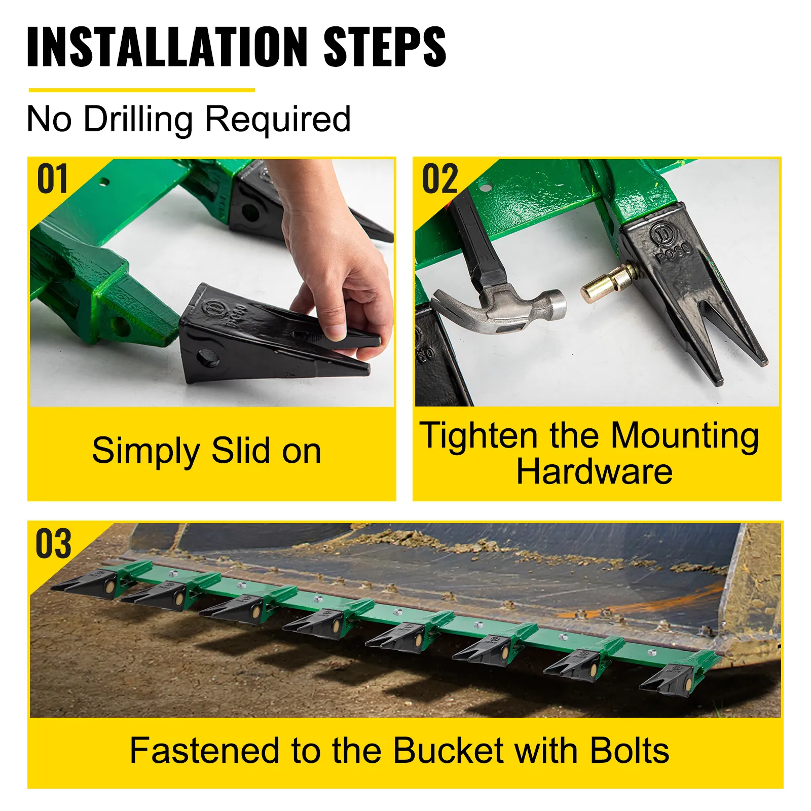 VEVOR bucket tooth bar installation steps with no drilling required.