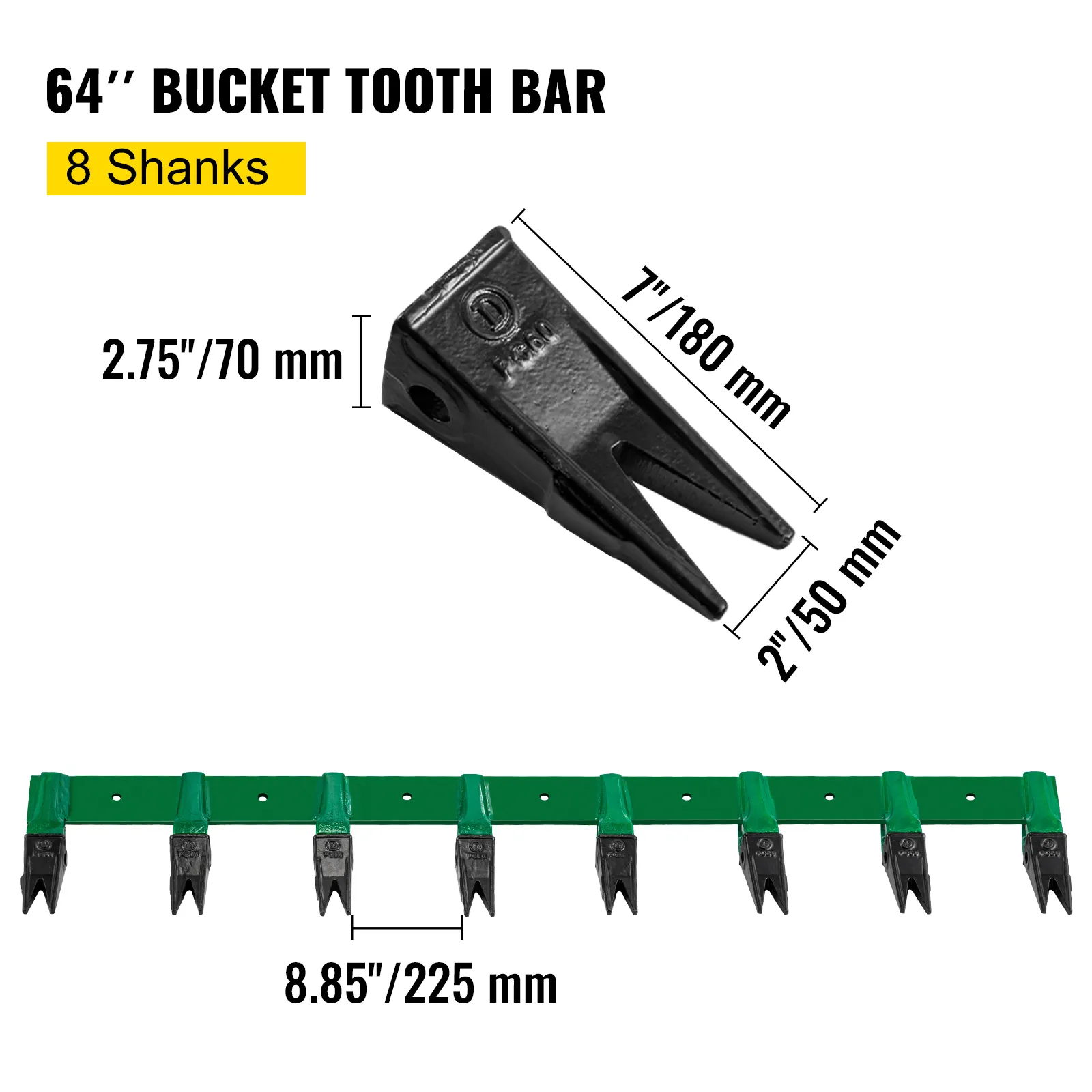 VEVOR bucket tooth bar with 8 shanks and detailed measurements.