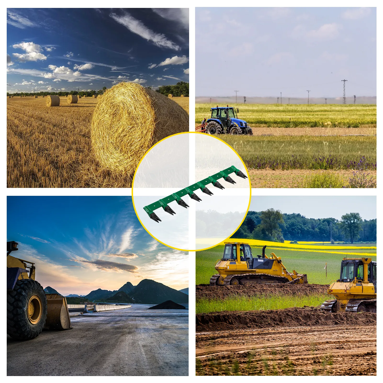 farm scenes with hay bales, tractors, bulldozers, and a highlighted VEVOR bucket tooth bar