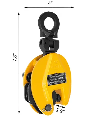 yellow VEVOR plate lifting clamp with dimensions: 7.8" height, 4" width, 1.9" jaw opening.