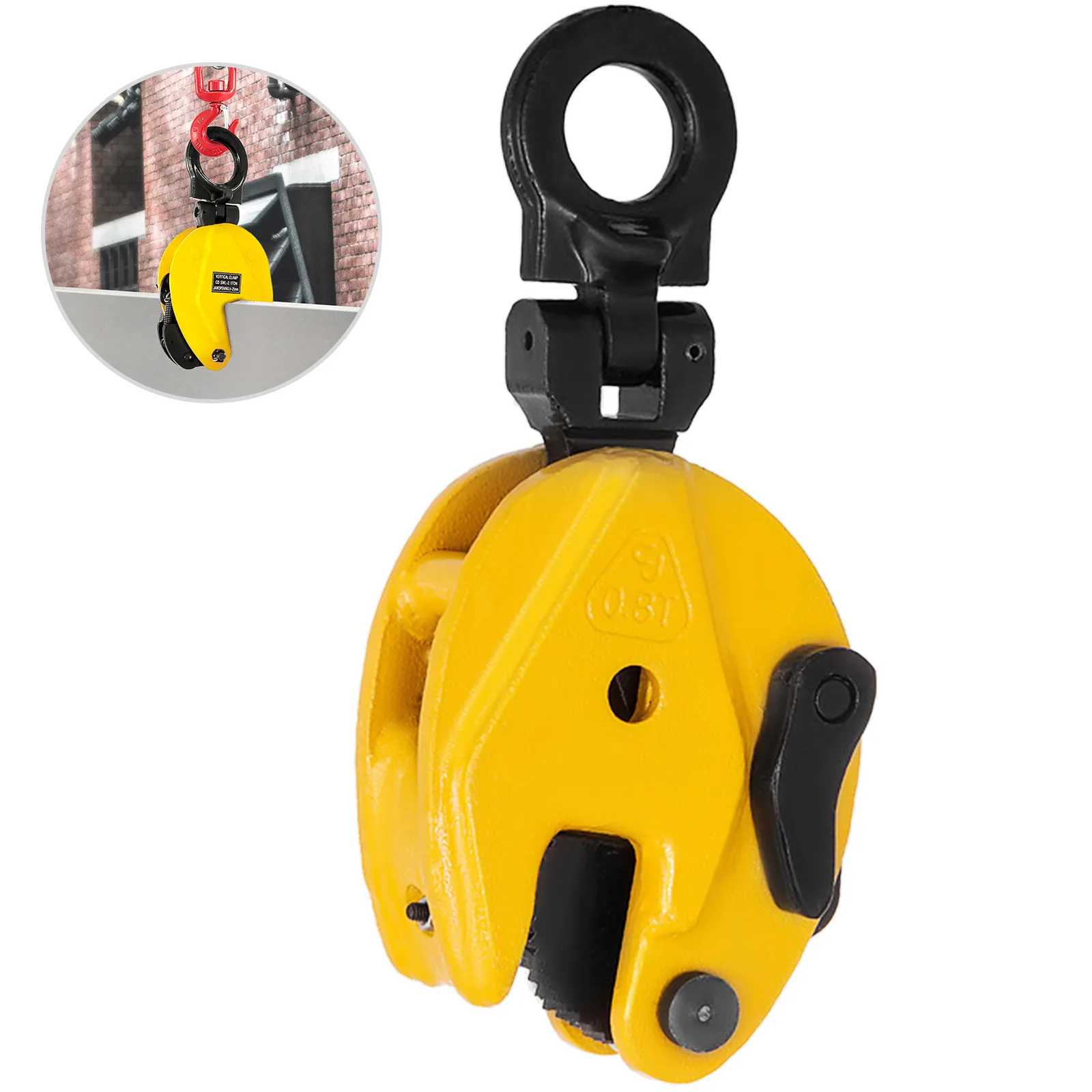 yellow VEVOR plate lifting clamp with black and red components, lifting metal plate.