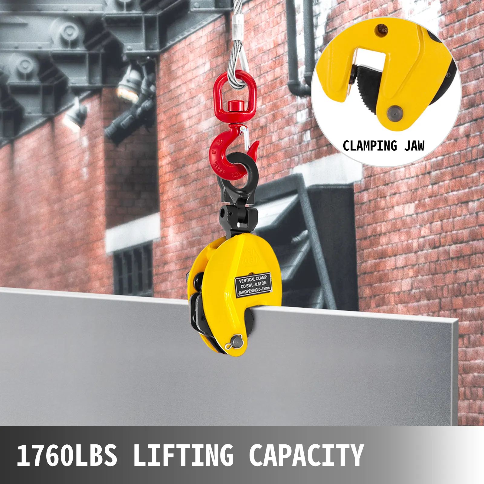 VEVOR plate lifting clamp with 1760lbs capacity, yellow clamp lifting a metal plate.
