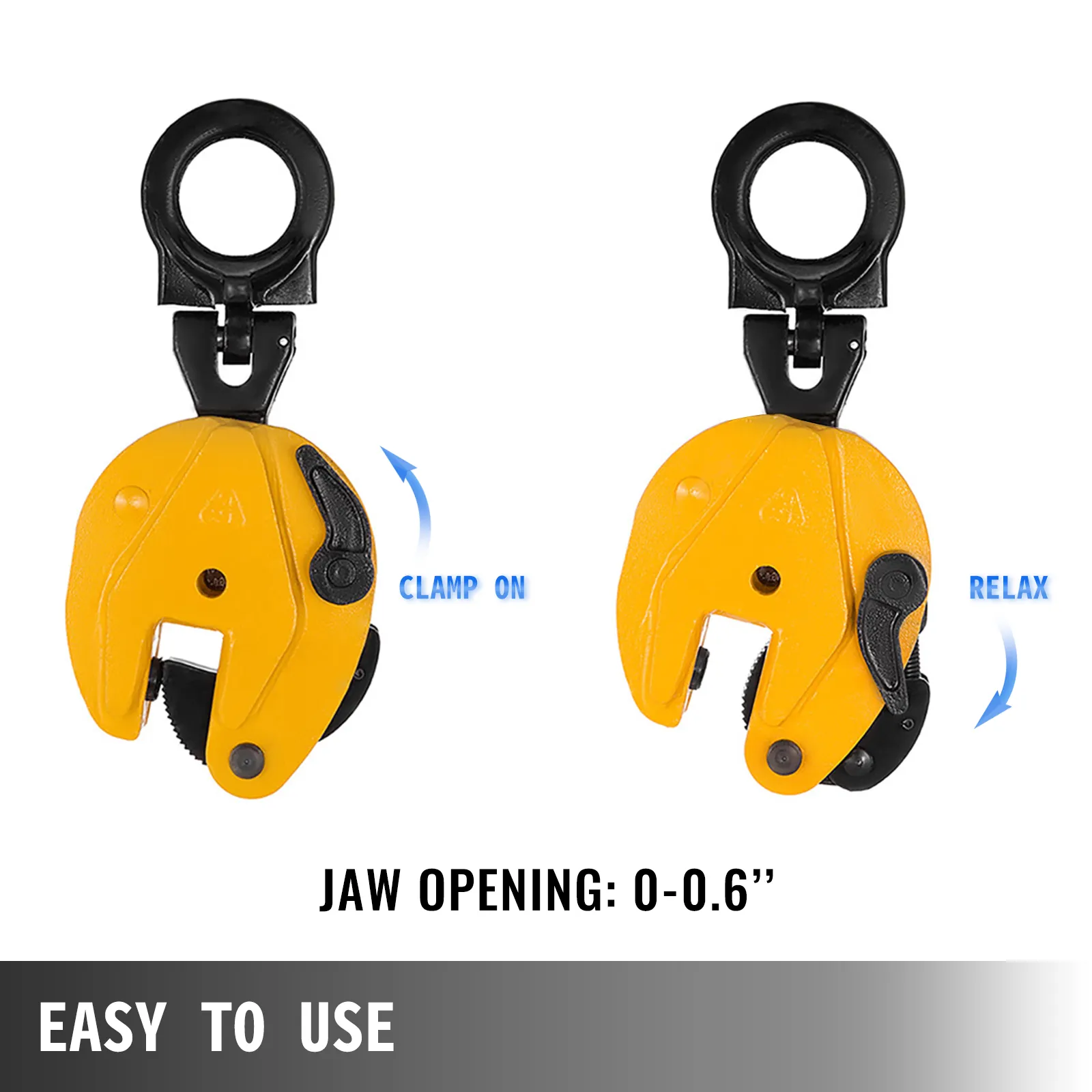 VEVOR plate lifting clamp with 0-0.6'' jaw opening, demonstrating clamp on and relax.