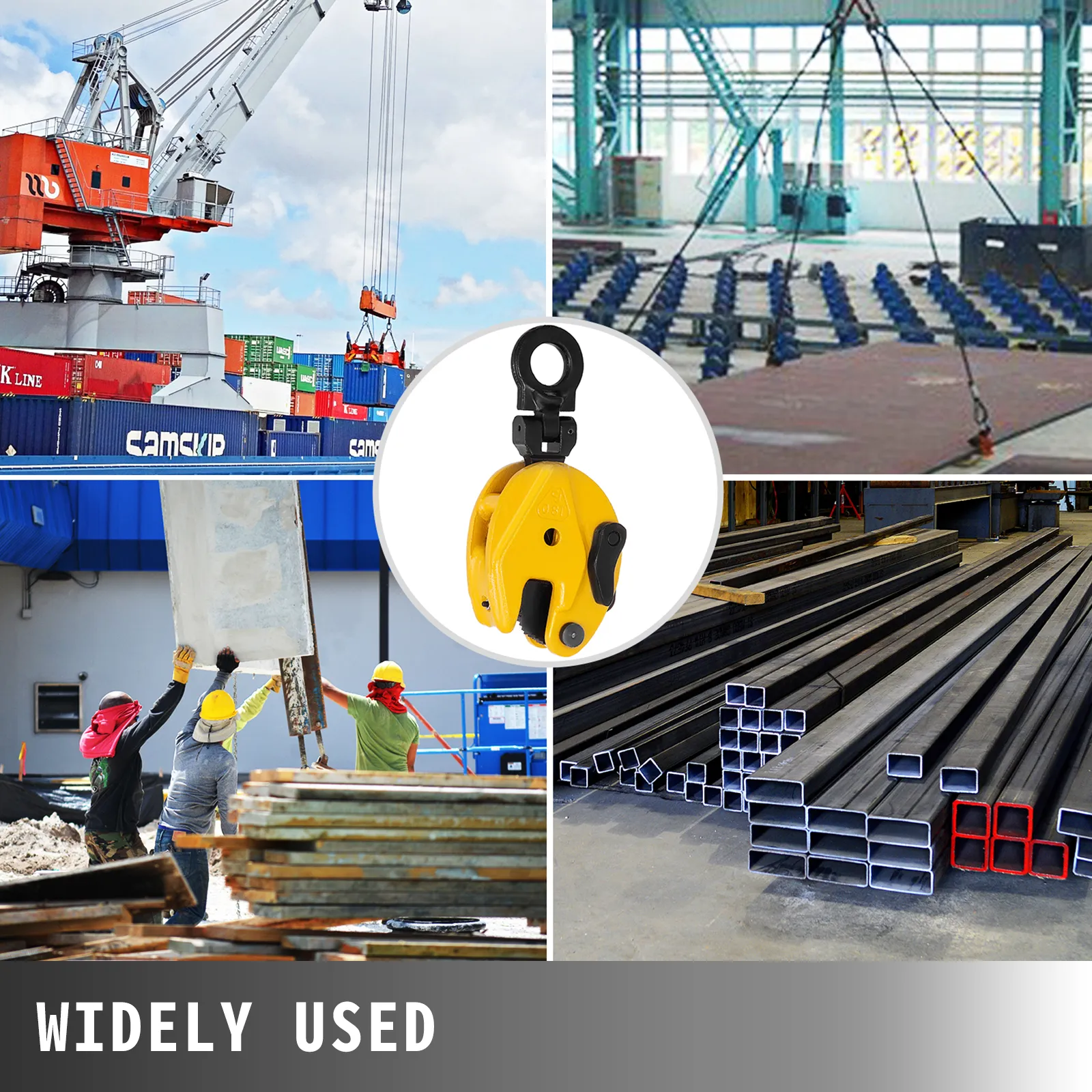 VEVOR plate lifting clamp lifting steel beams, industrial machinery, and construction workers