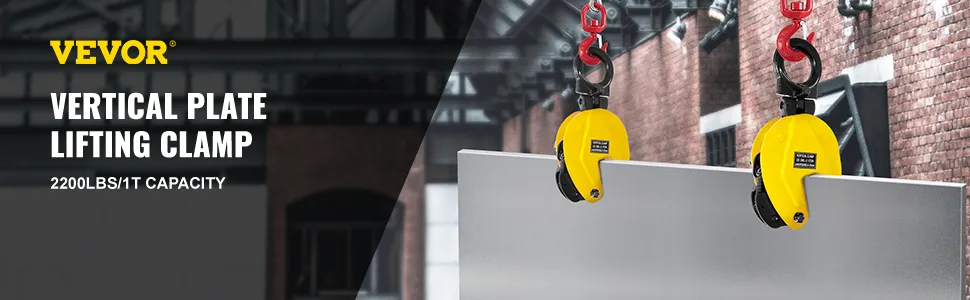 VEVOR plate lifting clamp hoisting a metal sheet in an industrial warehouse with brick walls.