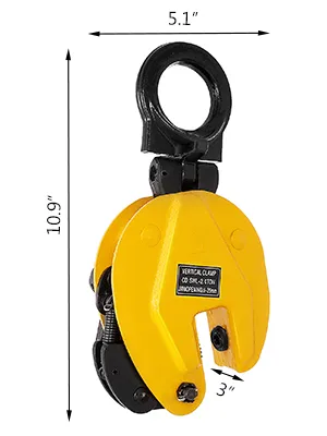 yellow VEVOR plate lifting clamp with dimensions labeled: 10.9" height, 5.1" width.
