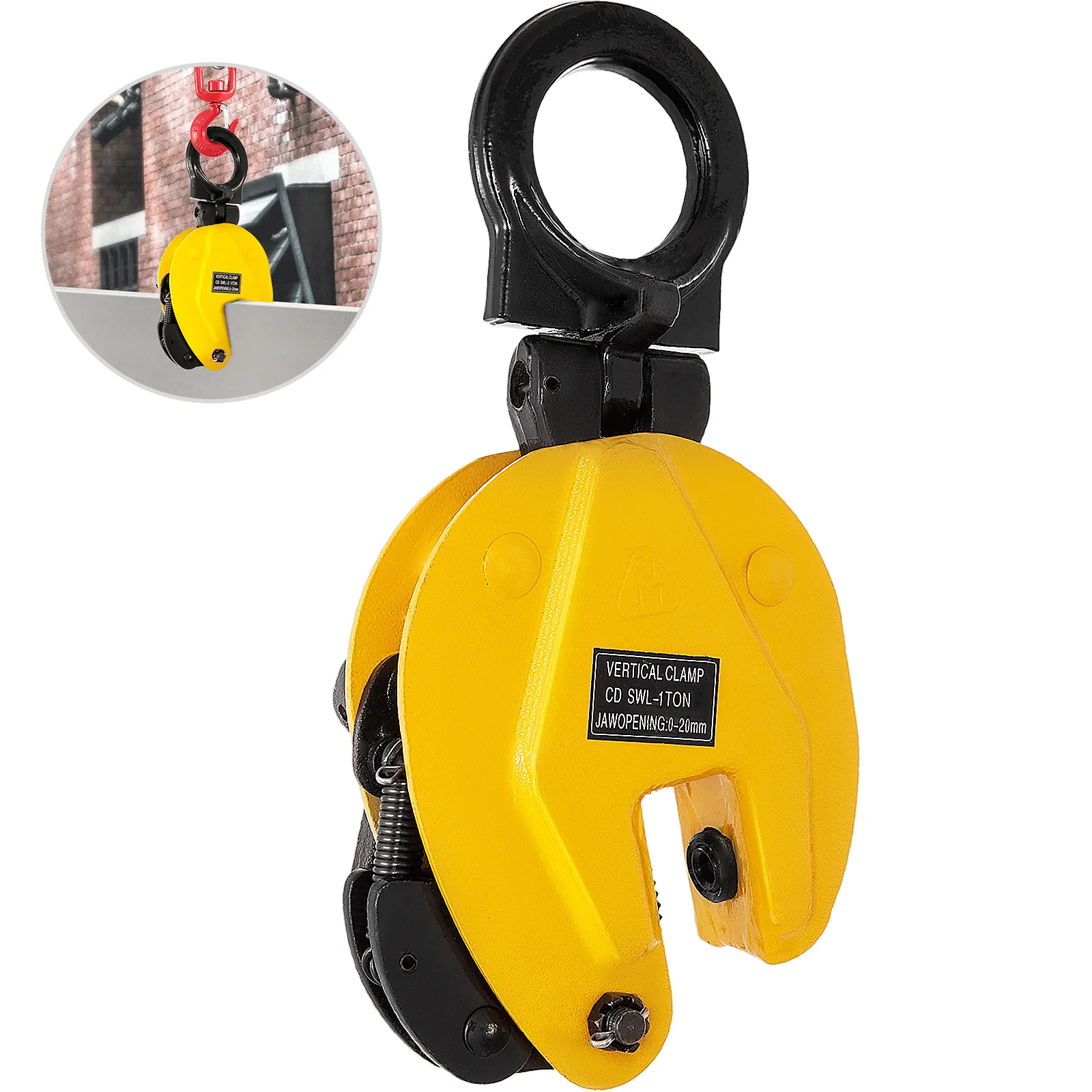 yellow VEVOR plate lifting clamp for vertical lifting with heavy-duty steel construction.