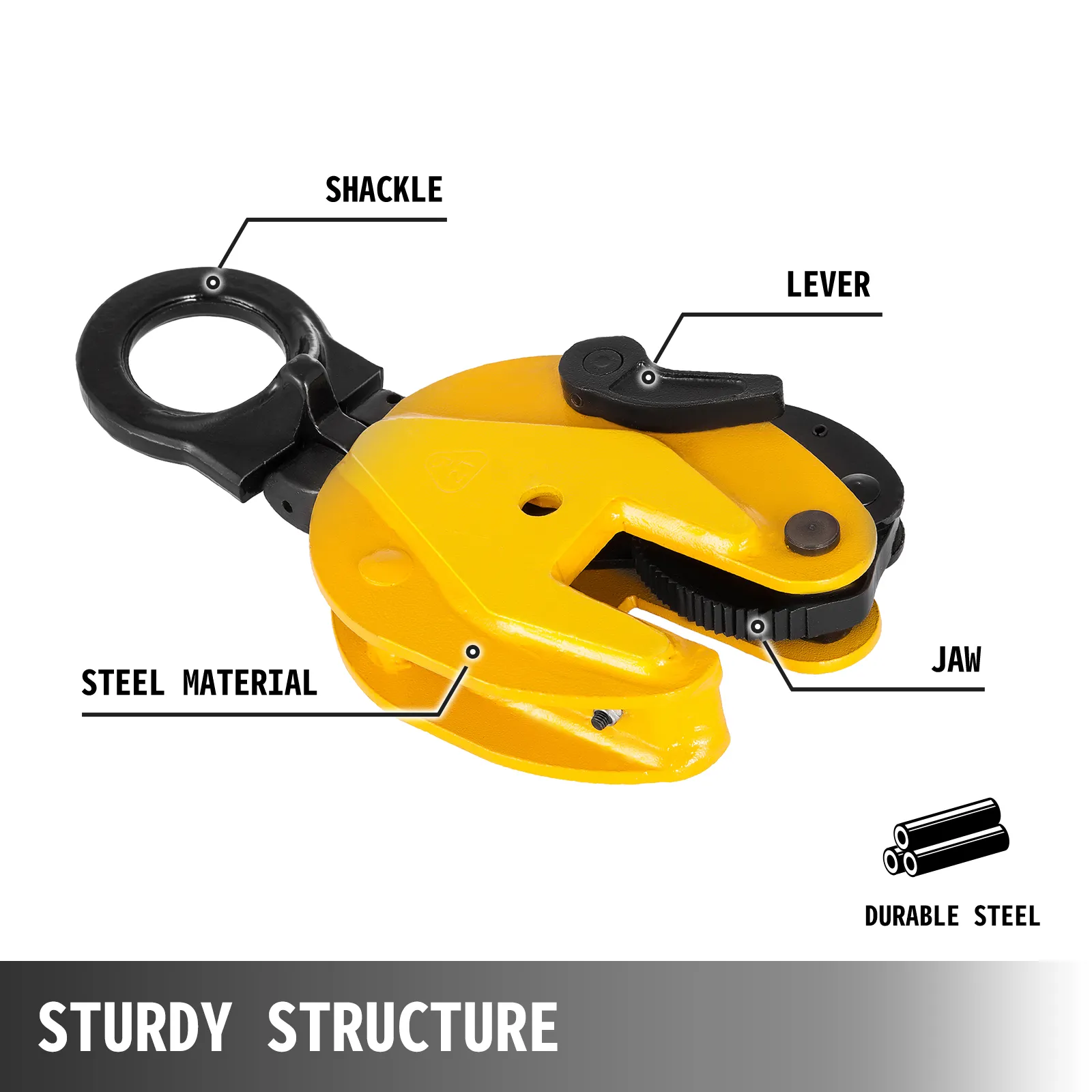 yellow VEVOR plate lifting clamp made of durable steel, labeled shackle, lever, and jaw.
