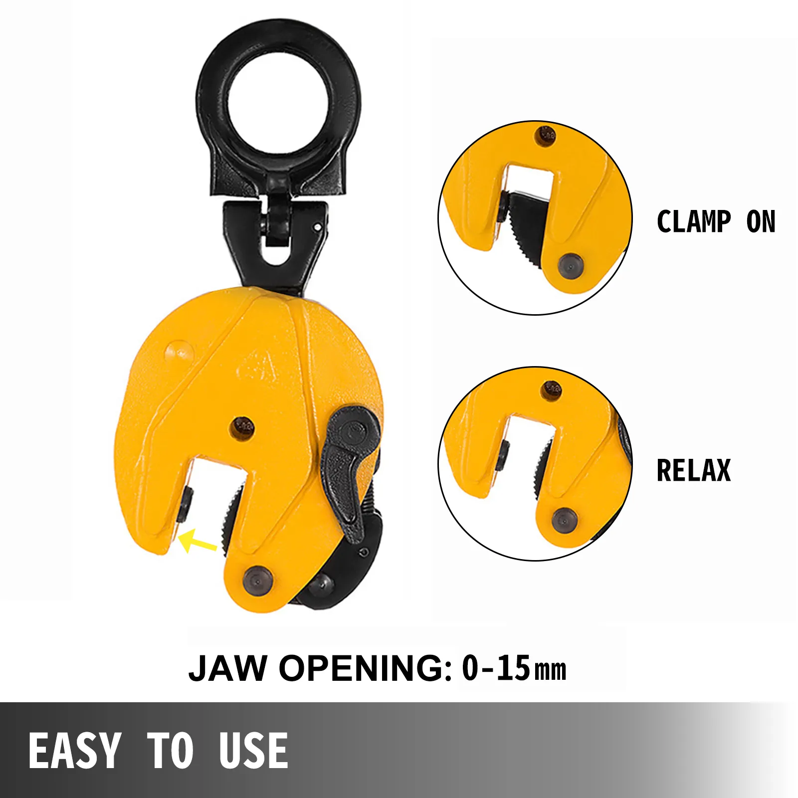 yellow VEVOR plate lifting clamp with 0-15mm jaw opening, clamp on and relax views.