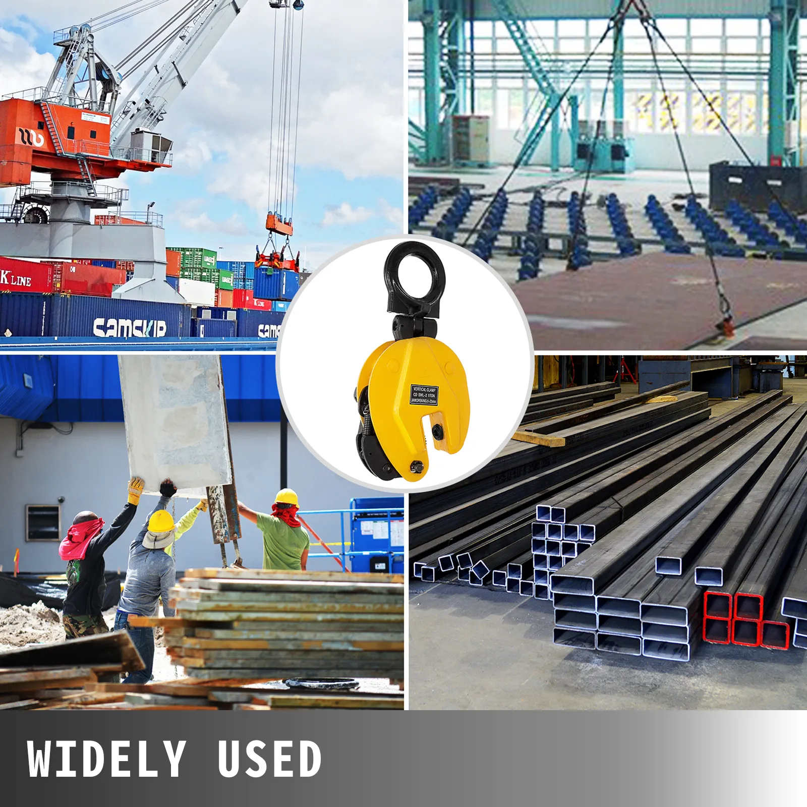 VEVOR plate lifting clamp shown lifting materials in diverse construction environments.